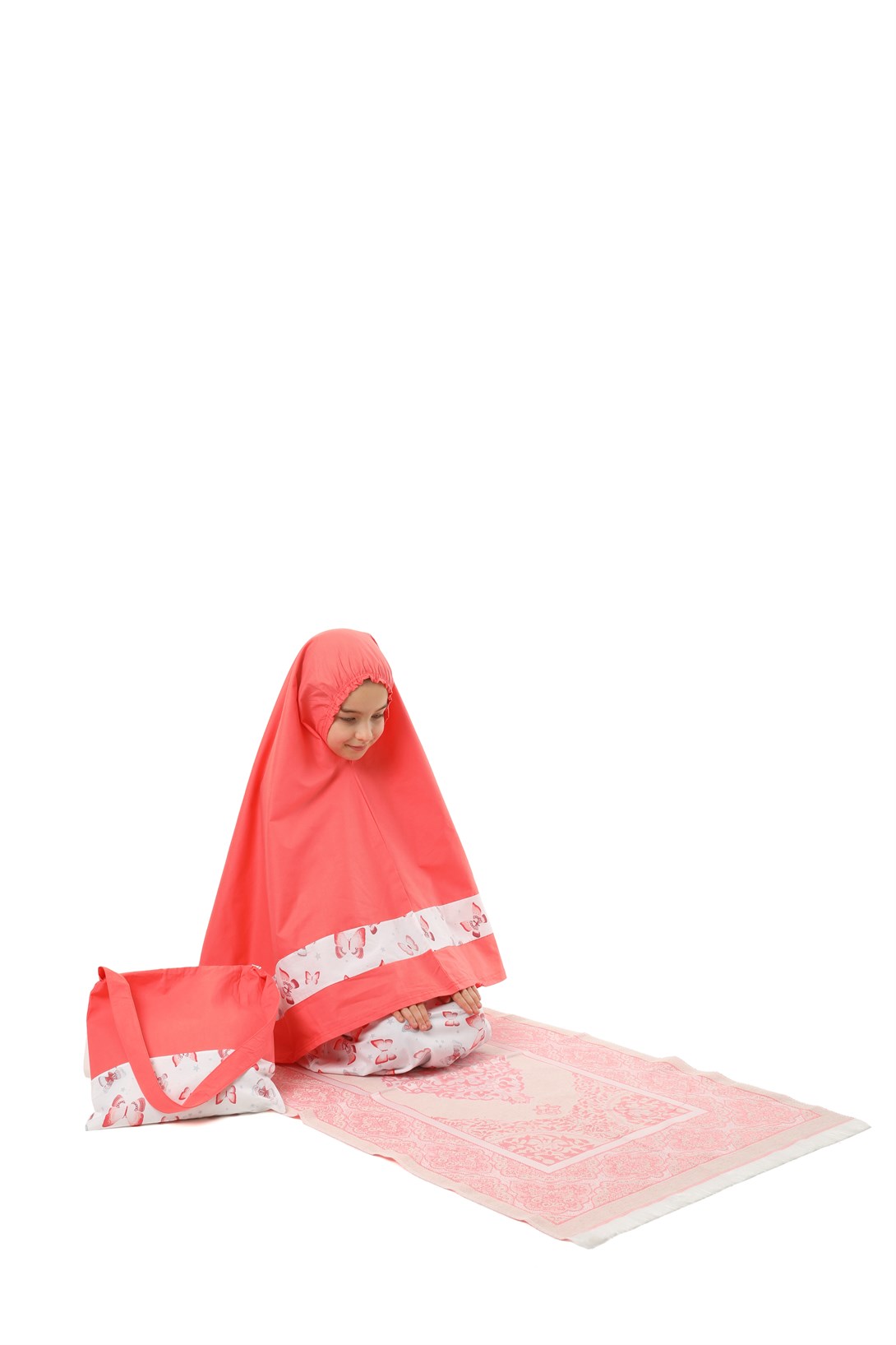 Kız Çocuk Namaz Elbisesi 4 parçalı Seccadeli Ve Çantalı Eteği Kelebek Baskılı