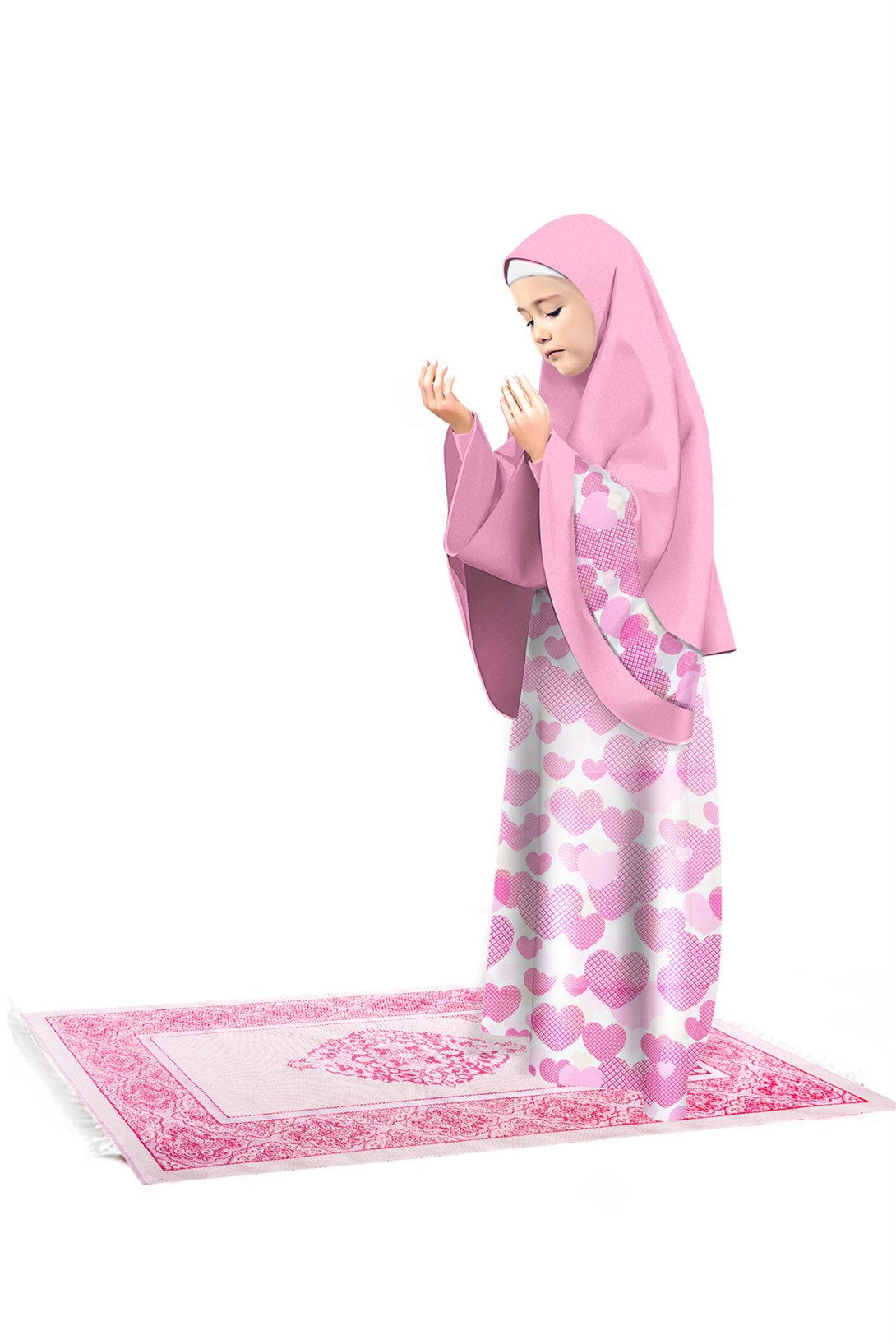 Girl's Prayer Dress 3-Piece Prayer Rug Skirt Heart Printed Pink