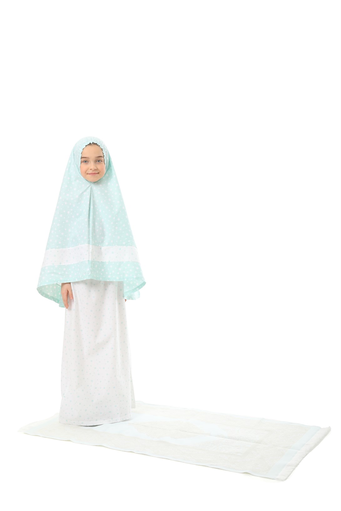Girl's Prayer Dress 3-Piece Prayer Rug Mint Color Star Printed Belt Pattern