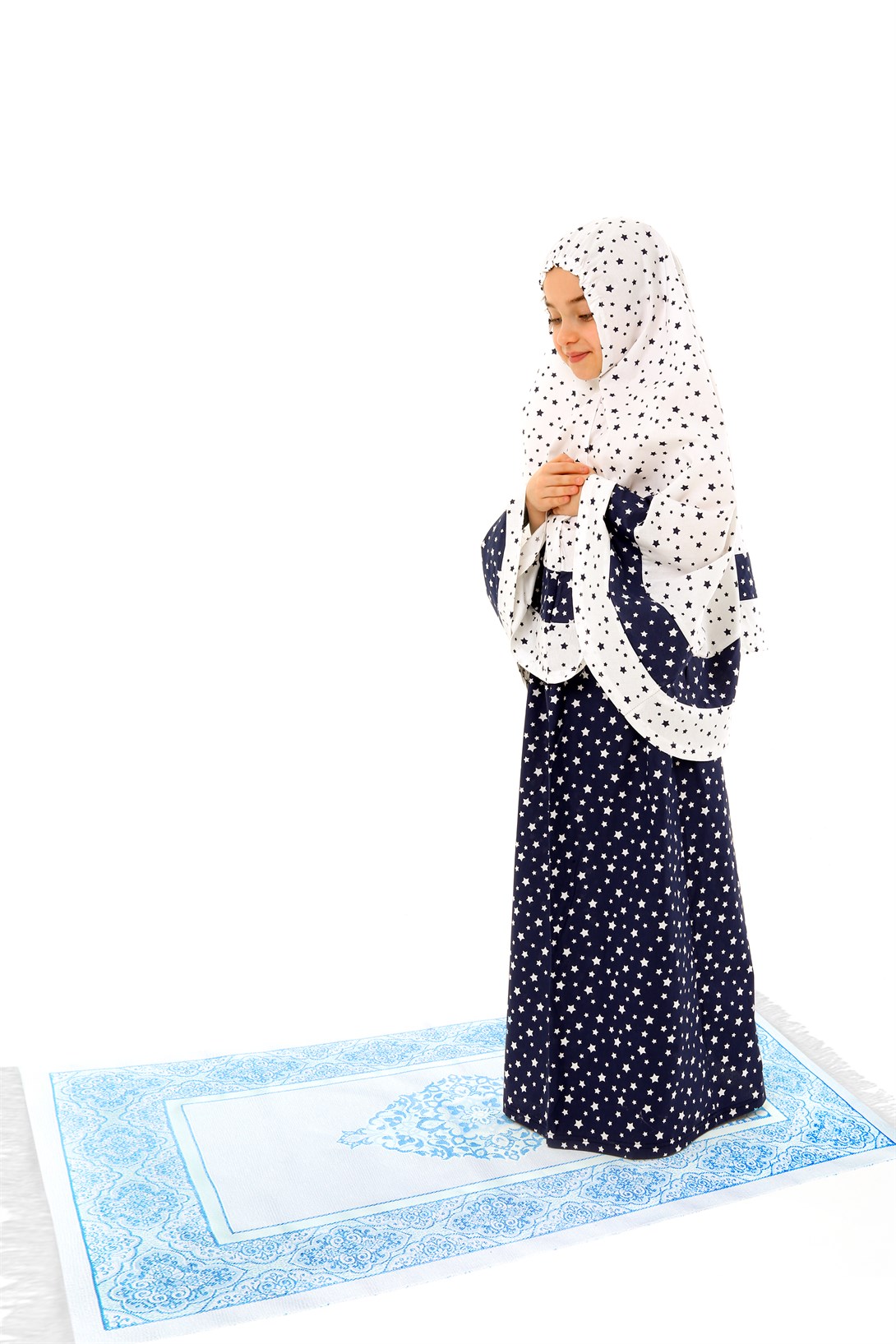 Girl's Prayer Dress 3-Piece With Prayer Rug Navy Blue Color Star Printed Belt Pattern