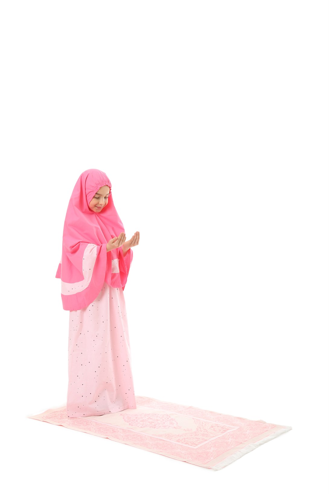 Kız Çocuk Namaz Elbisesi 3 Parçalı Seccadeli Renkli Yıldız Baskılı