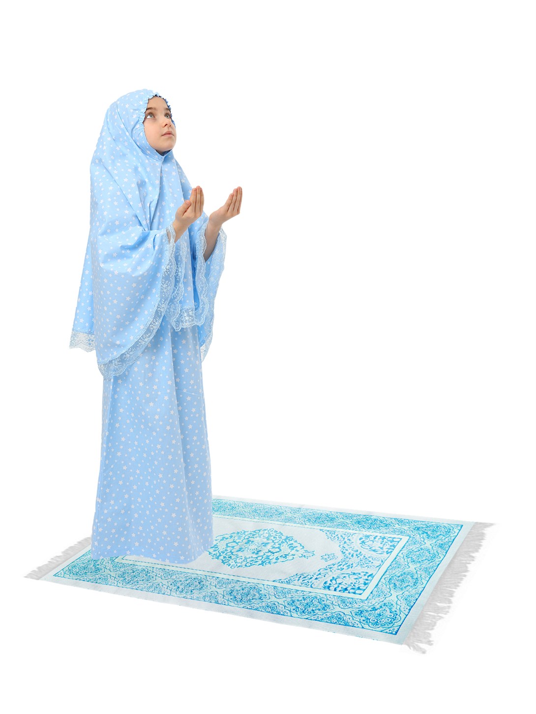 Girl's Prayer Dress 3-Piece With Prayer Rug Lace Detail Little Star Printed