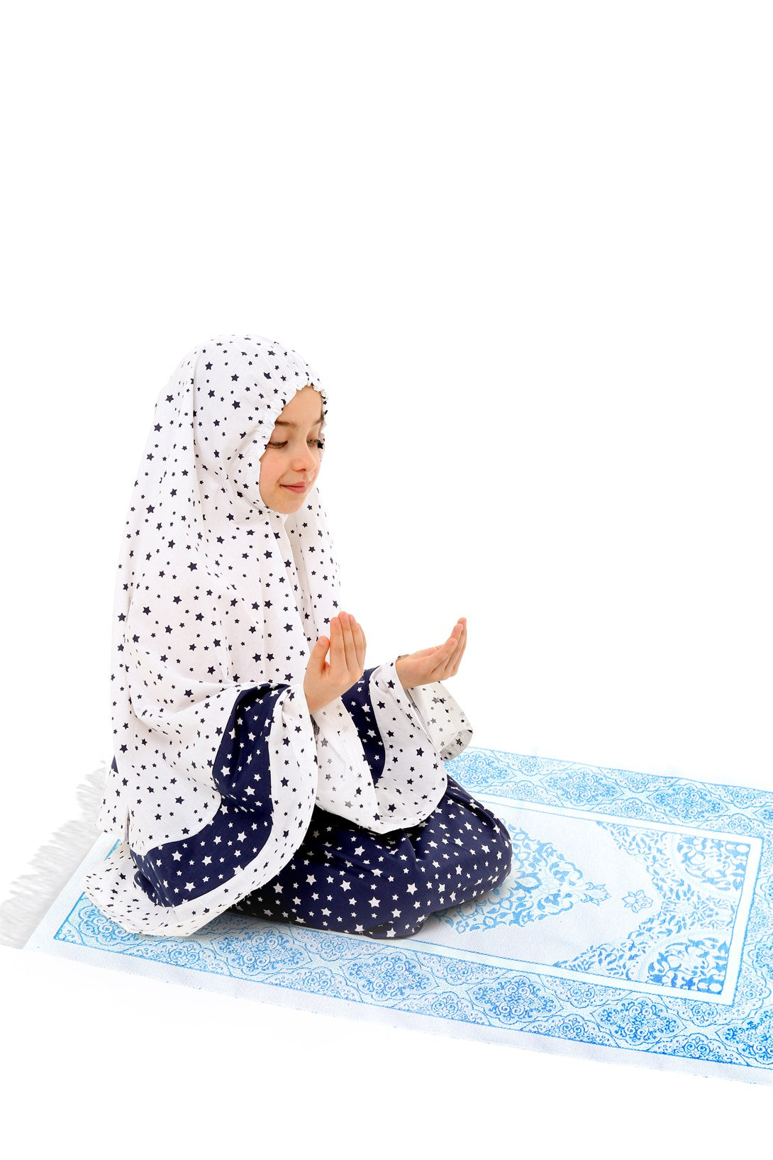 Girl's Prayer Dress 3-Piece With Prayer Rug Navy Blue Color Star Printed Belt Pattern