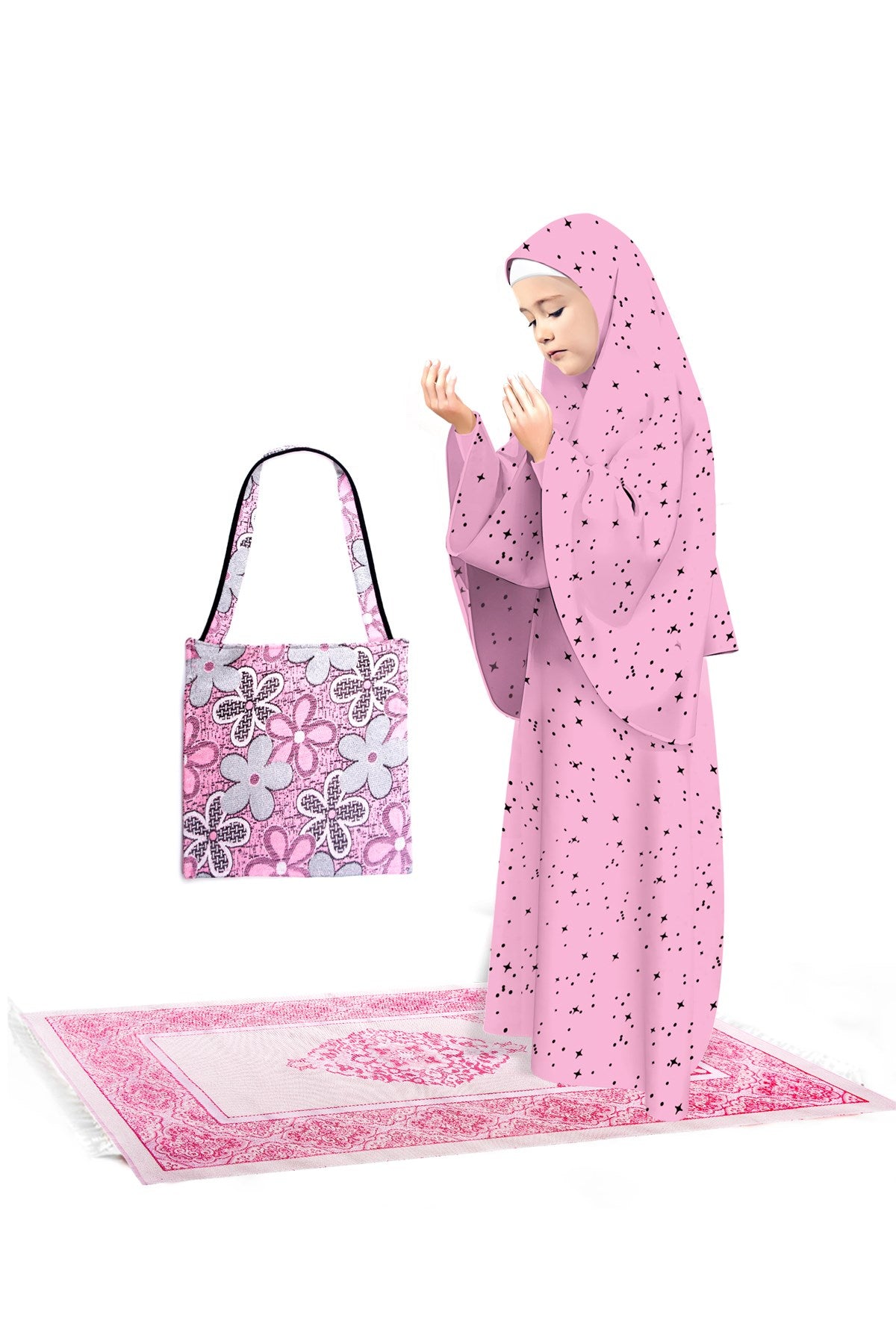 Girl's Prayer Dress 4-Piece With Prayer Rug And Bag Star Patterned Sleeve Cuffed