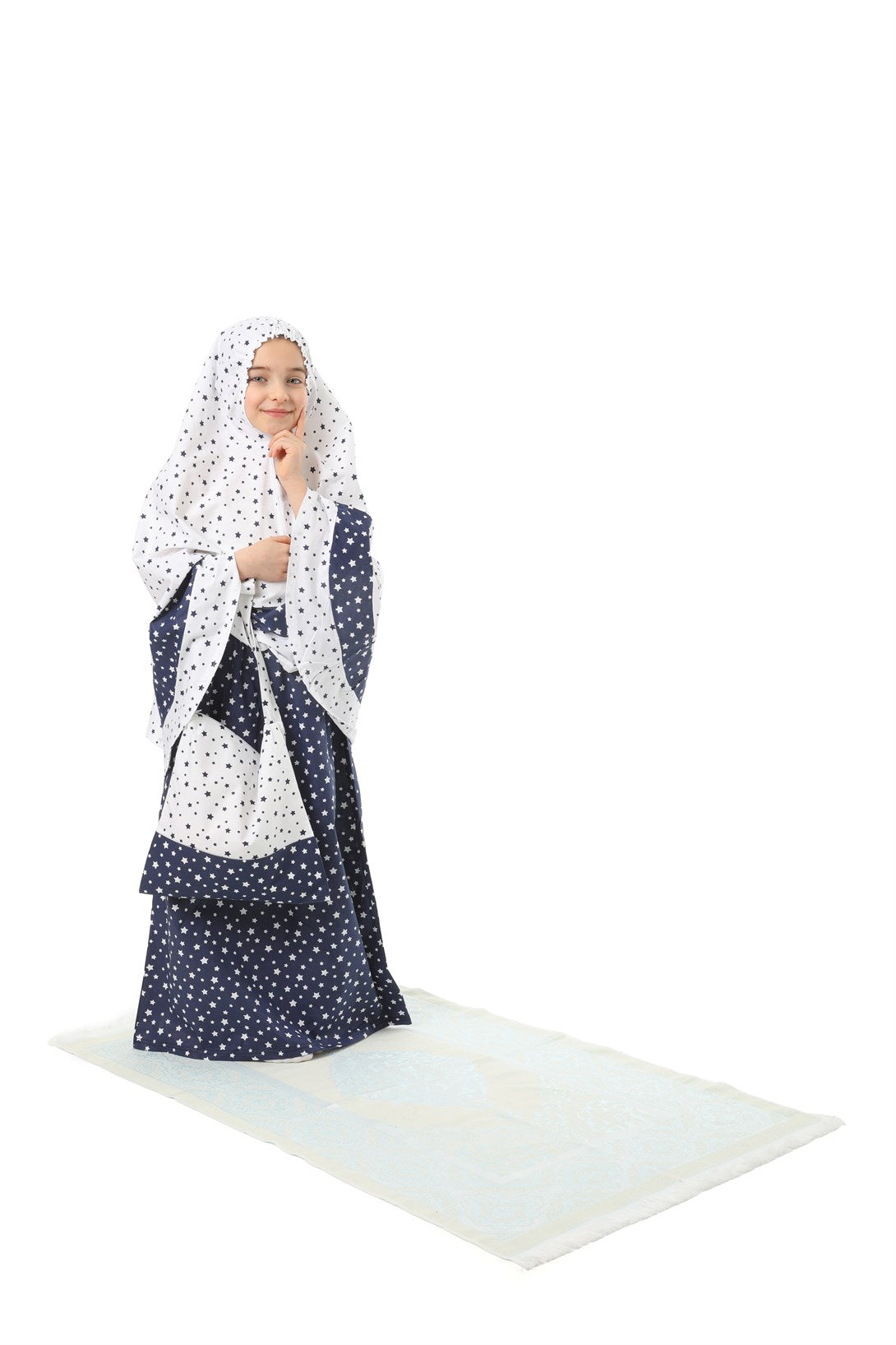 Girl's Prayer Dress 4-Piece With Prayer Rug and Bag Navy Blue Star Printed Belt Pattern
