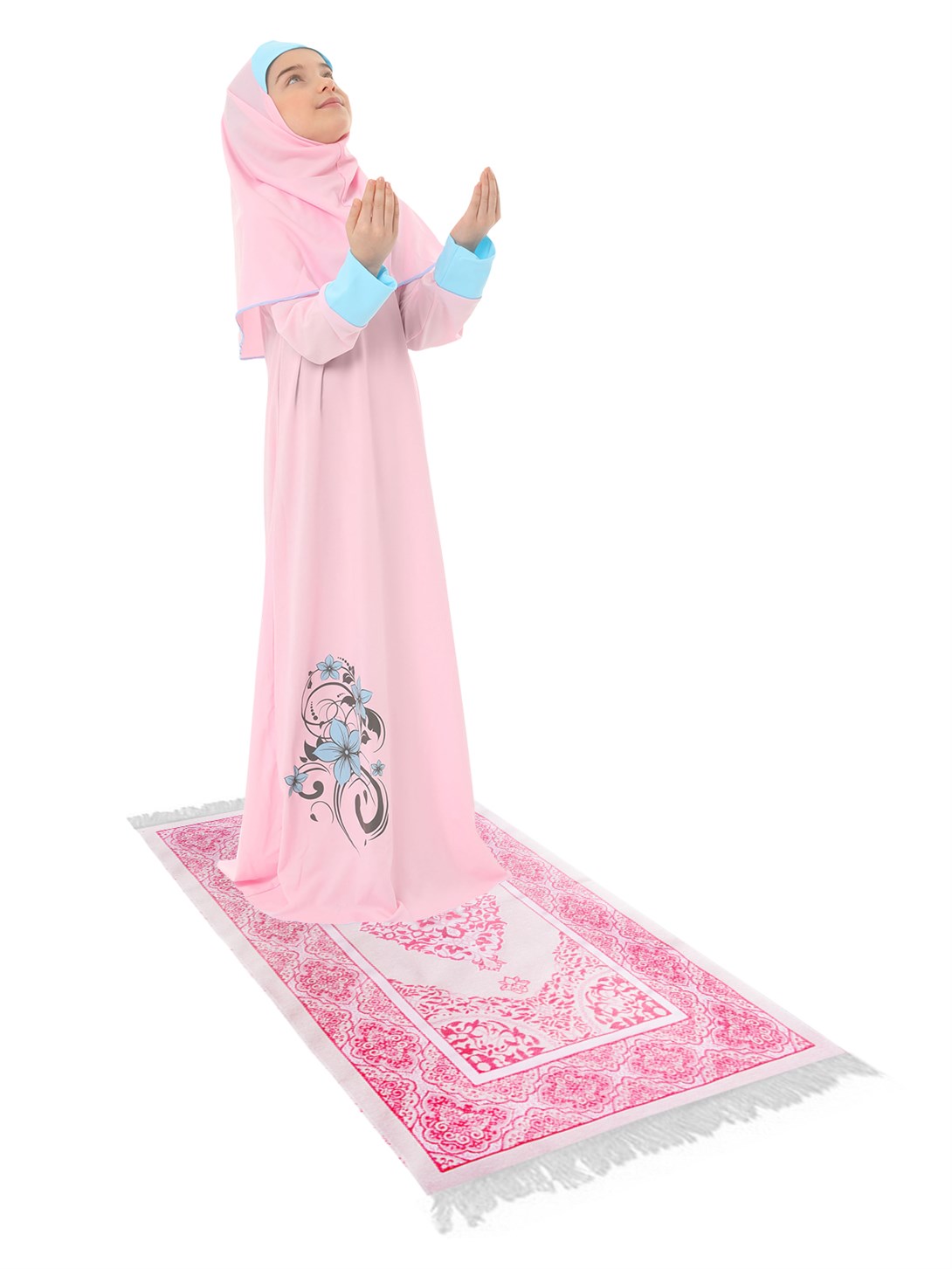 Girl's Prayer Dress Flower Printed Set With Sleeve Cuff And Prayer Rug
