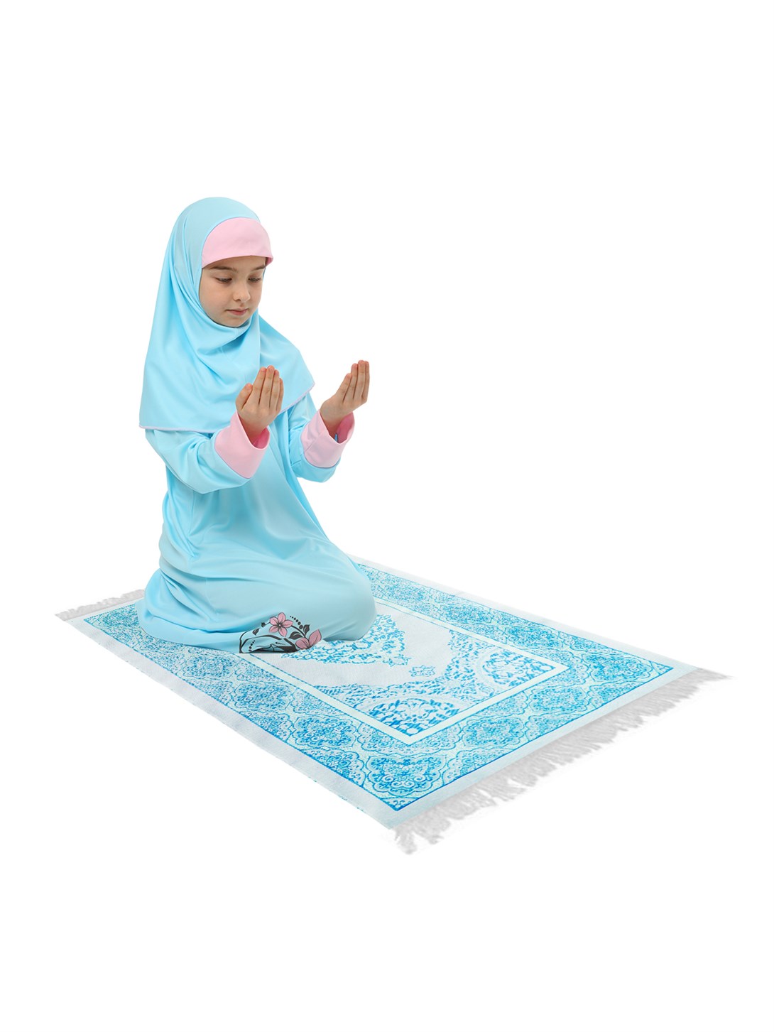Girl's Prayer Dress Flower Printed Set With Sleeve Cuff And Prayer Rug