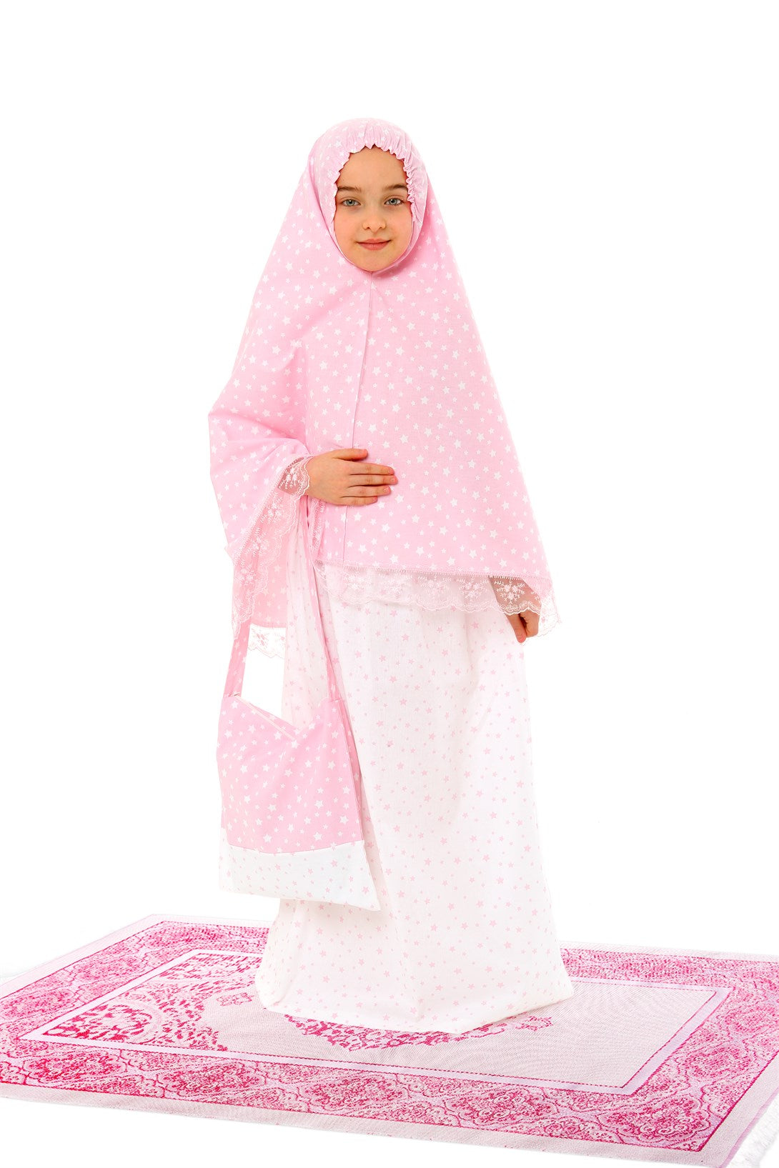 Girl's Prayer Dress Cotton 4-Piece Set Pink Printed