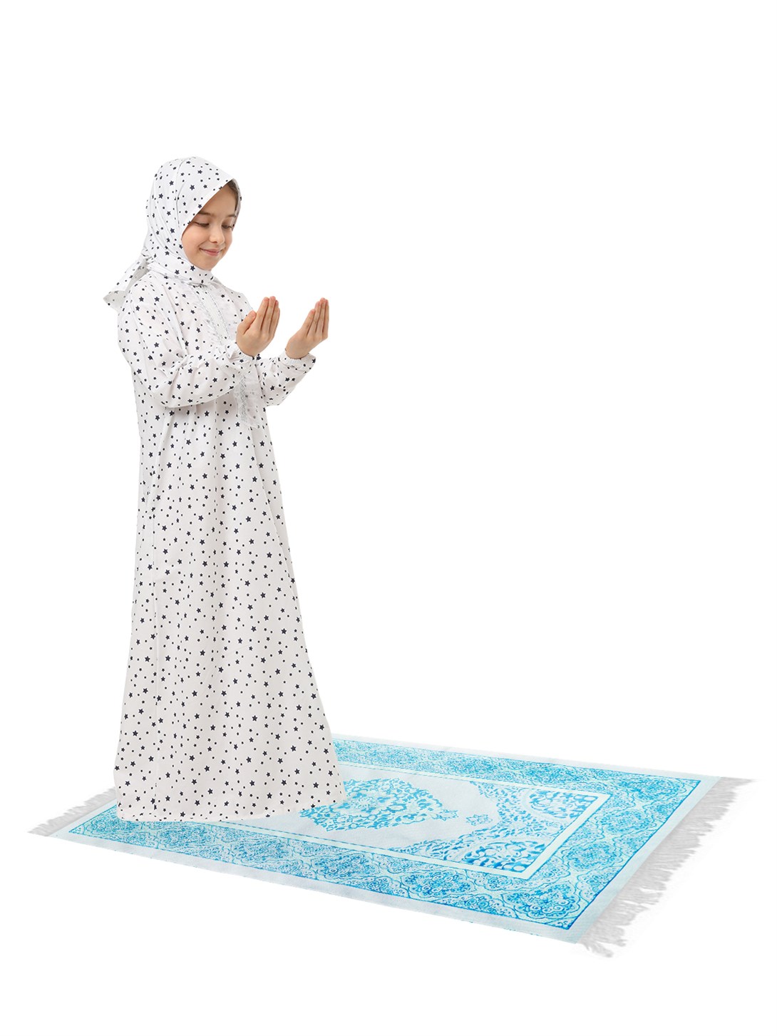 Practical Zippered Cotton Girls' Prayer Dress Zippered 3-Piece Set White Printed
