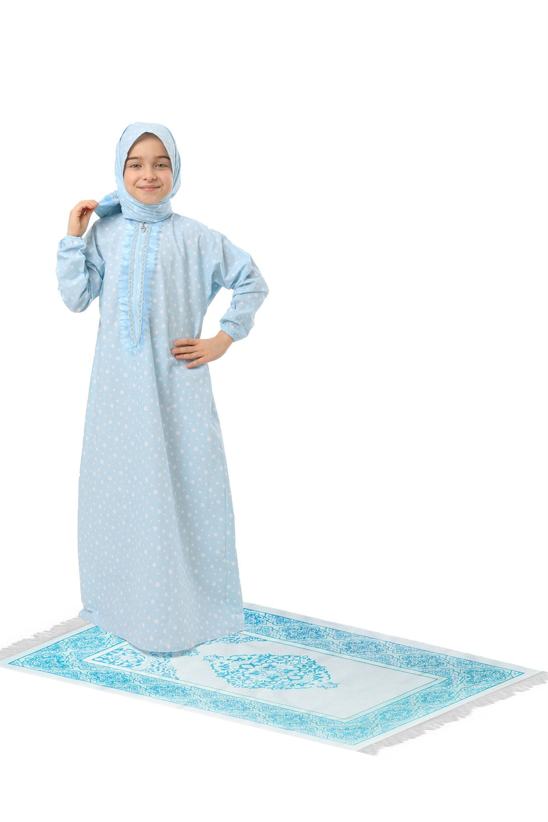 Pratik Fermuarlı Pamuklu Kız Çocuk Namaz Elbisesi 3 Parçalı Set Mavi Baskılı