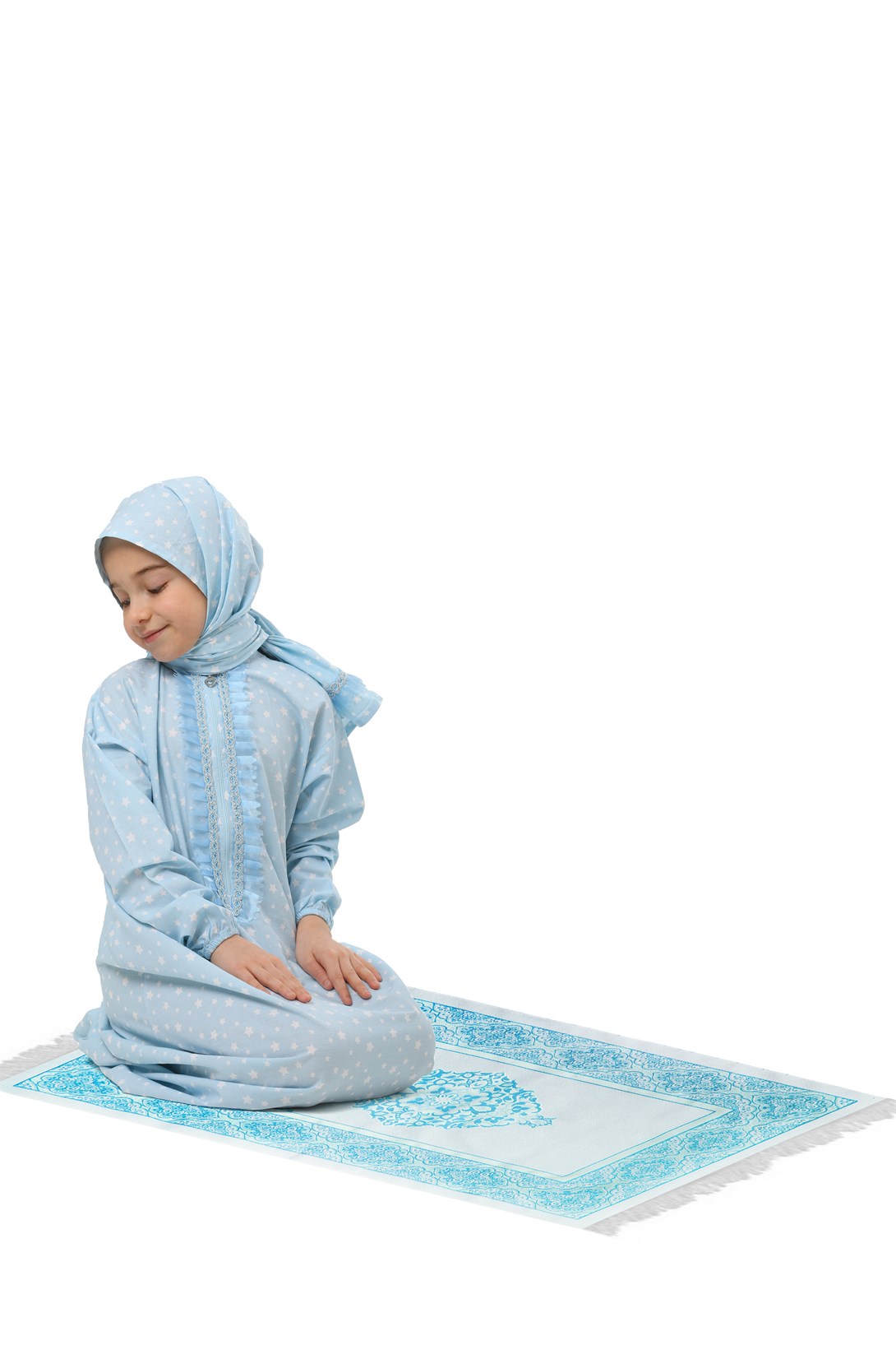 Pratik Fermuarlı Pamuklu Kız Çocuk Namaz Elbisesi 3 Parçalı Set Mavi Baskılı