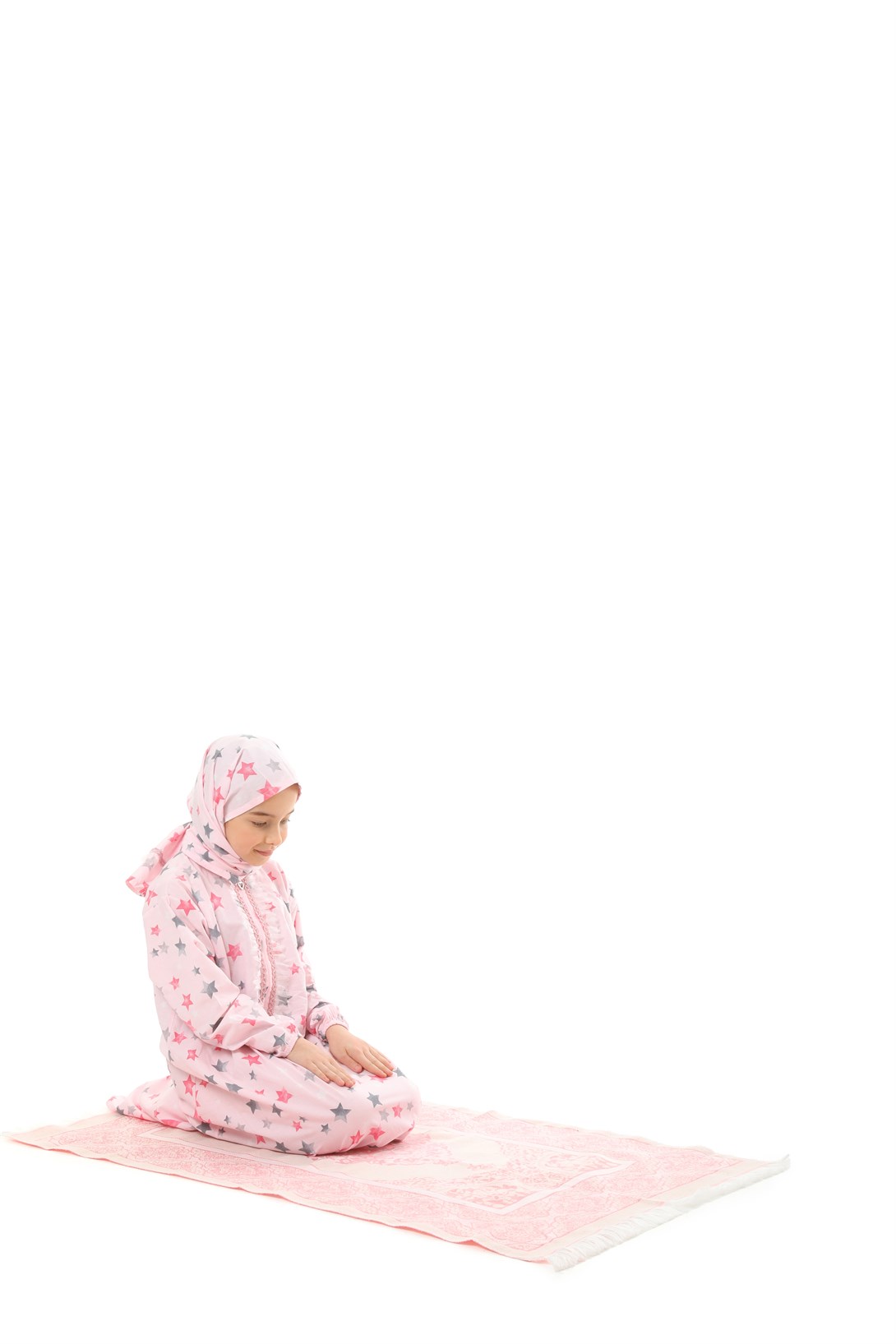 Pratik Fermuarlı Pamuklu Kız Çocuk Namaz Elbisesi 3 Parçalı Set Pembe Baskılı