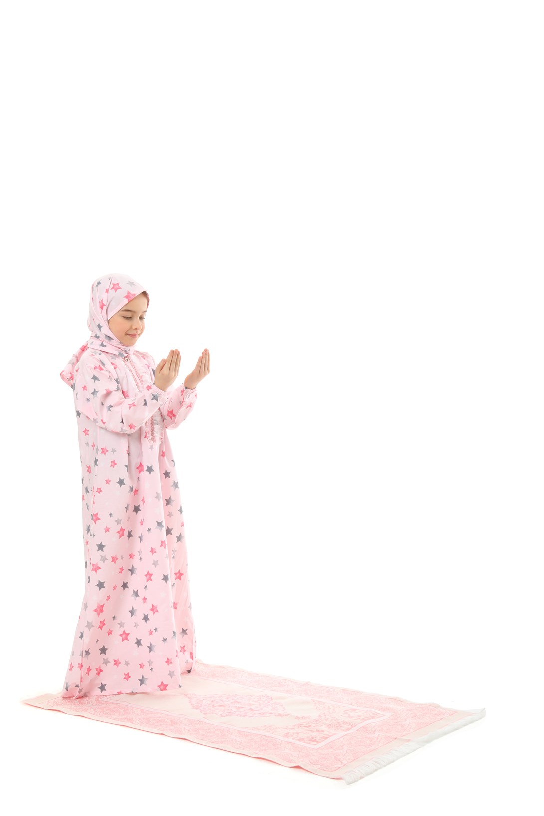 Pratik Fermuarlı Pamuklu Kız Çocuk Namaz Elbisesi 3 Parçalı Set Pembe Baskılı