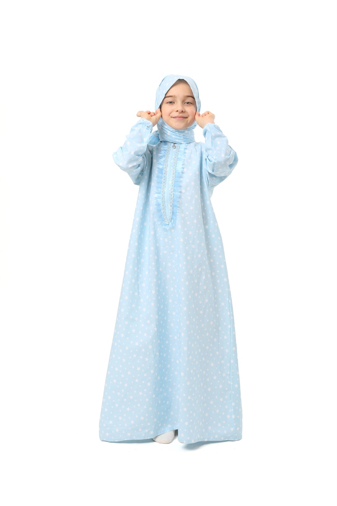 Practical Zippered Cotton Girls' Prayer Dress Blue Printed