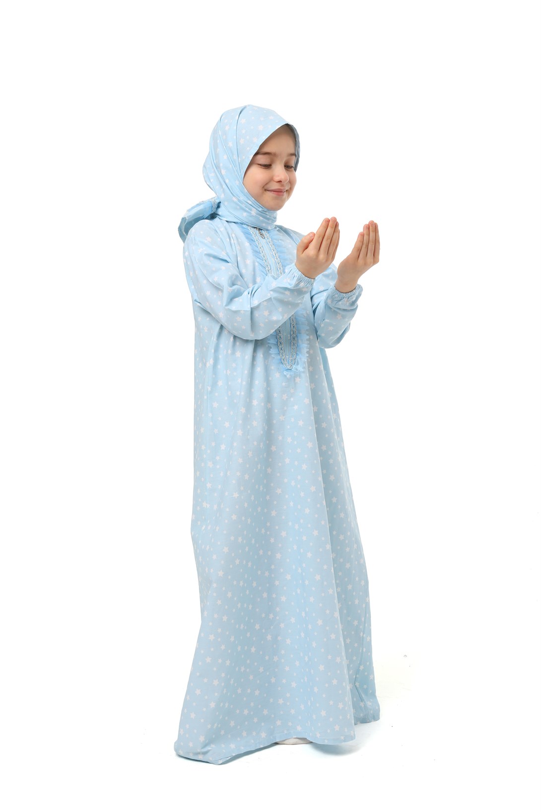 Practical Zippered Cotton Girls' Prayer Dress Blue Printed