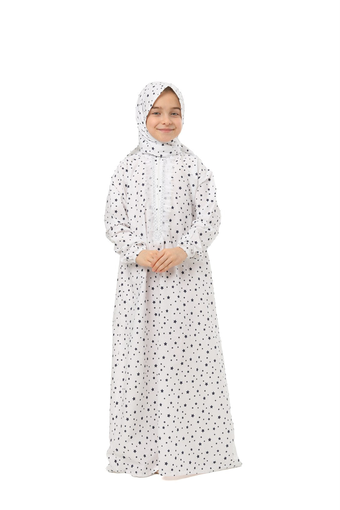 Practical Zippered Cotton Girls' Prayer Dress White Printed
