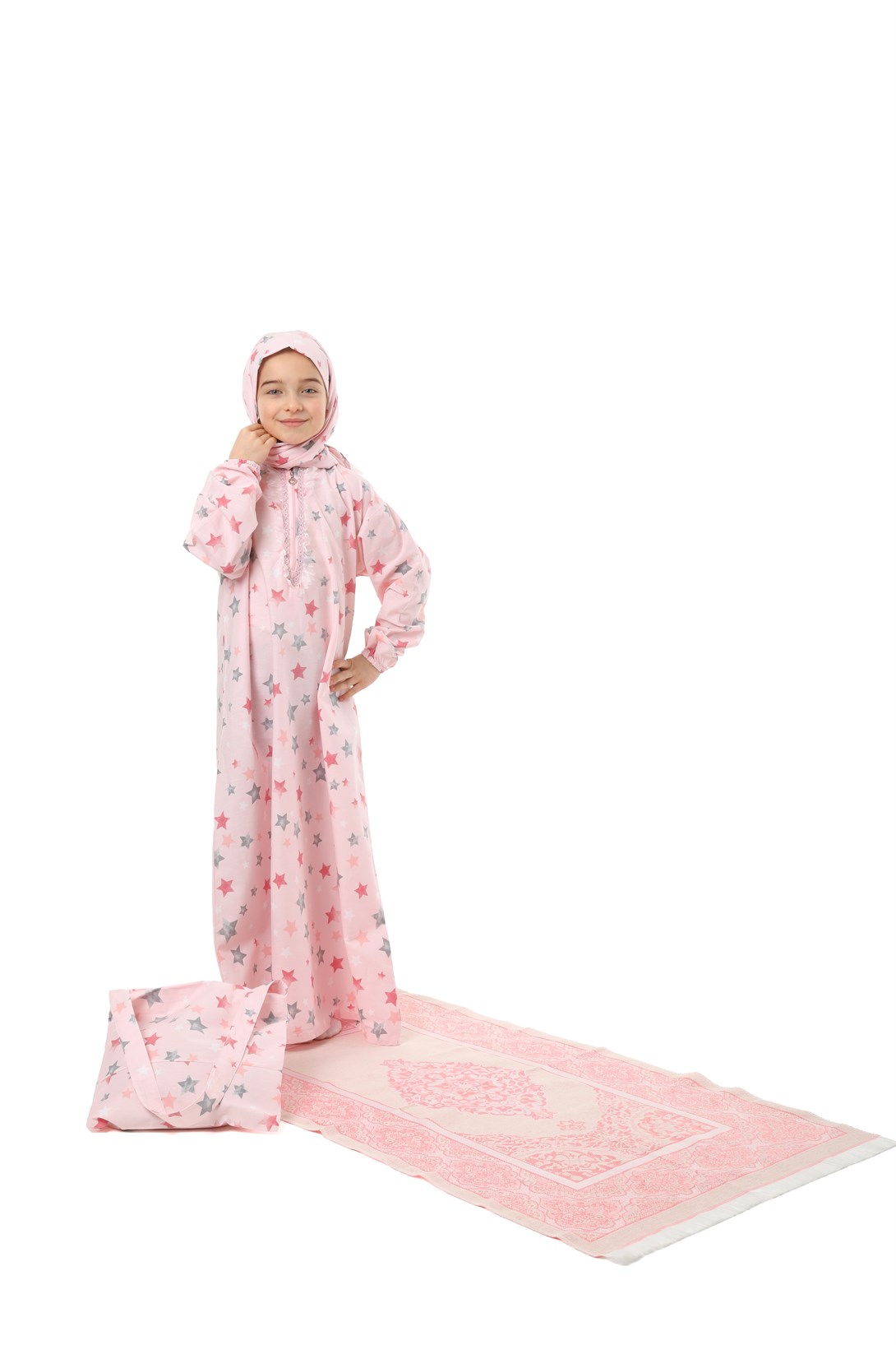 Pratik Fermuarlı Pamuklu Kız Çocuk Namaz Elbisesi 4 Parçalı Set Pembe Baskılı